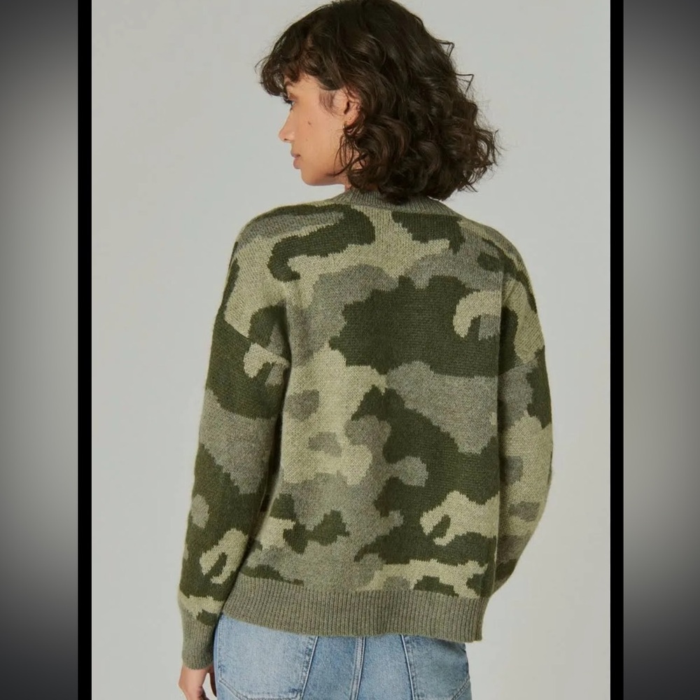 Lucky Brand Camouflage Cardigan Sweater Small Green Button Up Soft Wool Blend - Picture 2 of 12